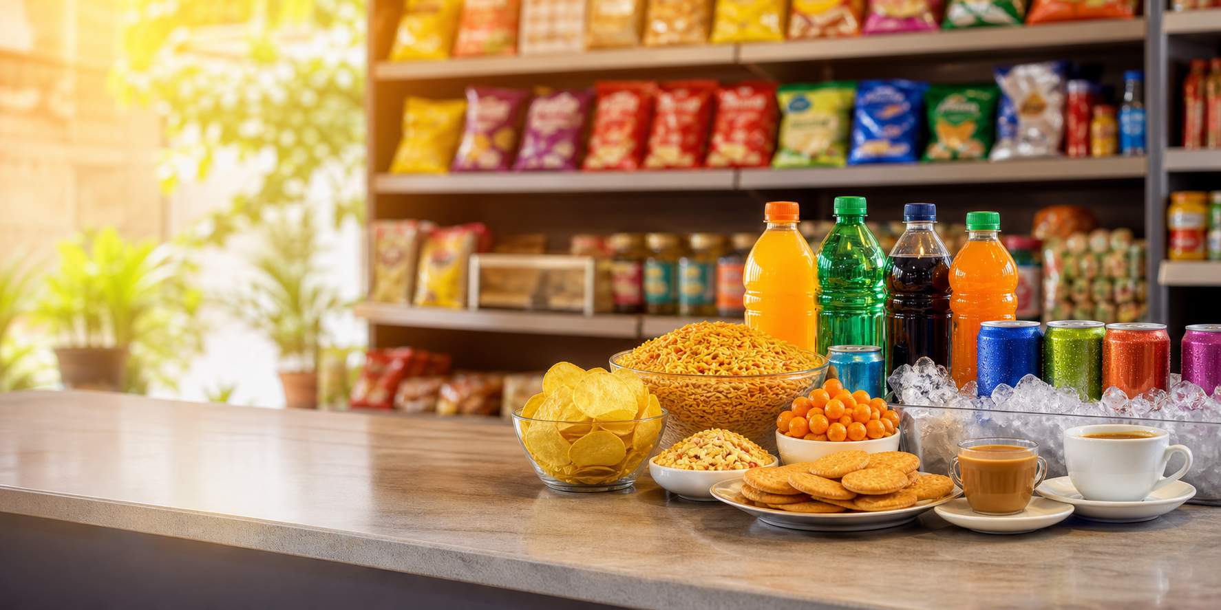 Display of snacks, beverages, biscuits, juices and soft drinks